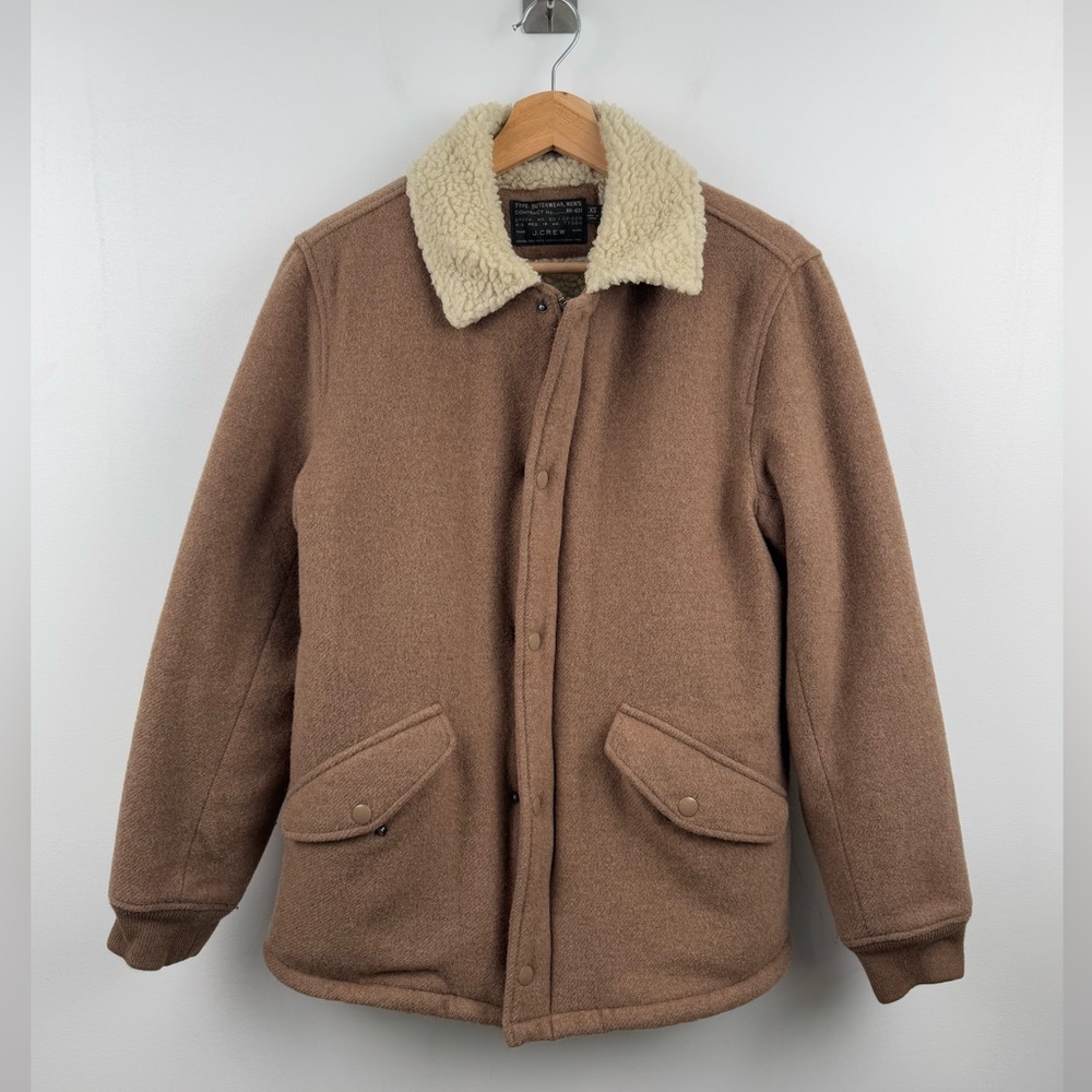 J.Crew Men Sherpa Lined Wool Blend Varsity Jacket Camel Brown Size‎ XS
